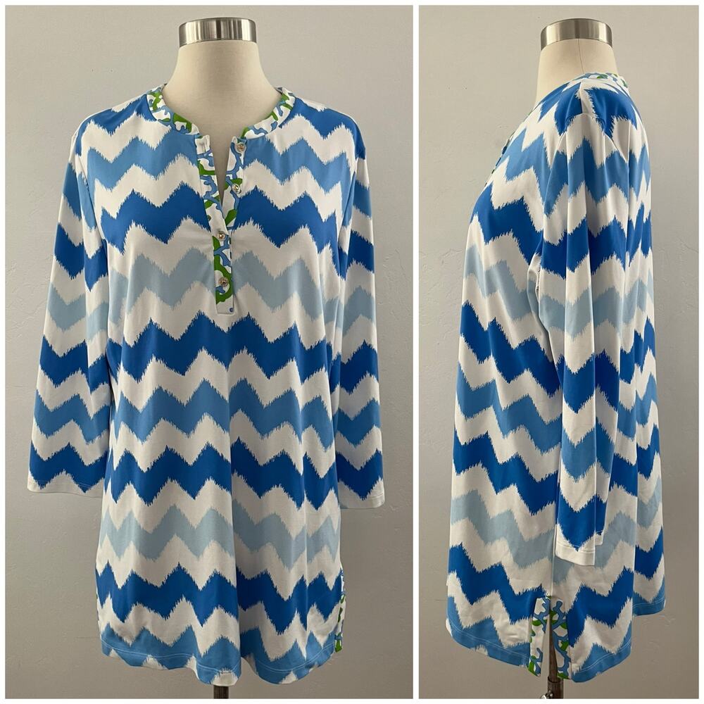 J. McLaughlin Catalina Cloth Tunic Top XL Blue Modest Colorful Zigzag Chevron